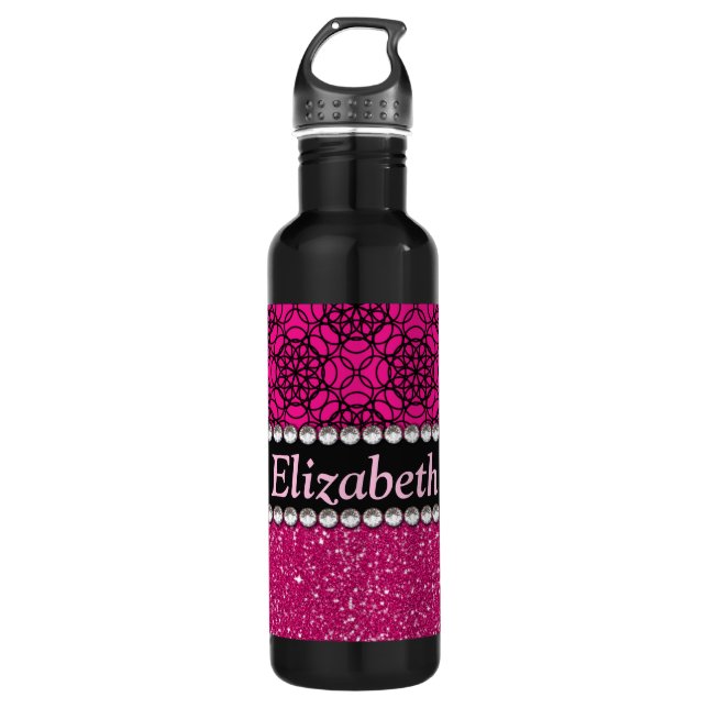 Glitzer-rosa und schwarze Muster-Kristall Edelstahlflasche (Vorderseite)