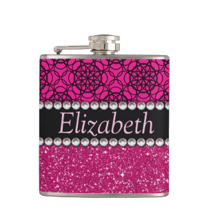 Glitzer-rosa und schwarze Muster-Kristall Flachmann