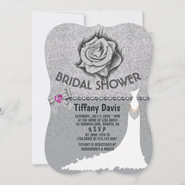 Glitzer-, Rose-, Diamanten- und Bow-Brautparty-Kar Einladung (Vorderseite)