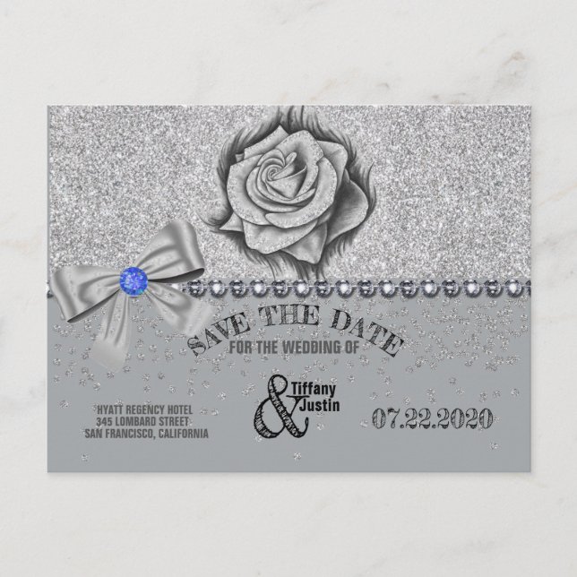 Glitzer, Rose, Diamanten und Bow Save the Date Kar Ankündigungspostkarte (Vorderseite)