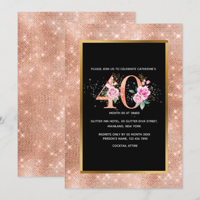 Glitzer Rose Gold 40. Geburtstag Konfetti Party Einladung (Vorne/Hinten)