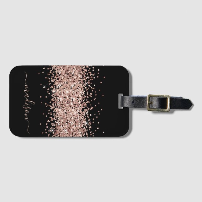 Glitzer Rose Gold - Girl Sparkle Black Monogram Gepäckanhänger (Vorderseite (Horizontal))