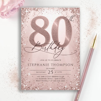 Glitzer Rose Gold Glam Kalligraphie 80. Geburtstag Einladung