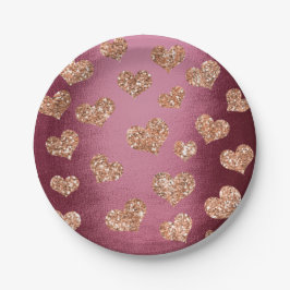 Glitzer Rose Gold Hearts Confetti Burgundy Kupfer Pappteller