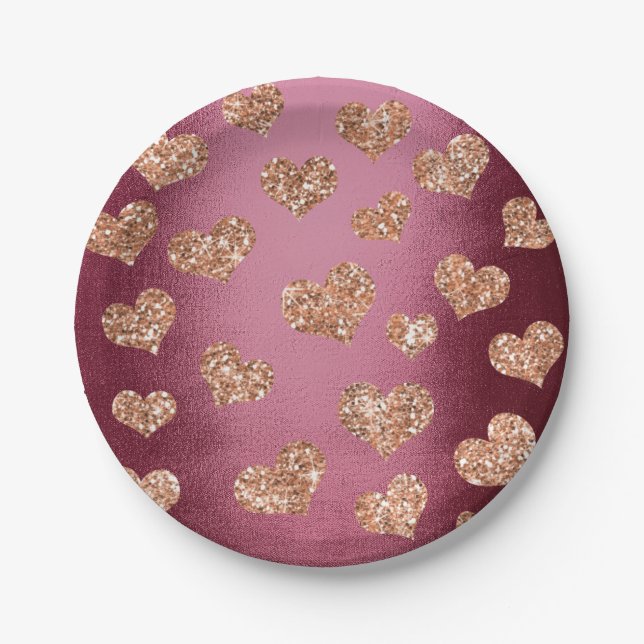 Glitzer Rose Gold Hearts Confetti Burgundy Kupfer Pappteller (Vorderseite)