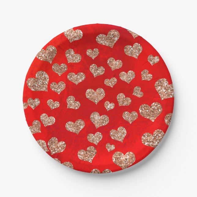 Glitzer Rose Gold Hearts Confetti Red Vivid Copper Pappteller (Vorderseite)