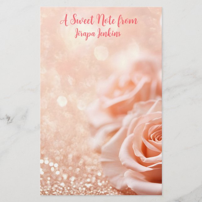 Glitzer Rose Gold Hintergrund und Rose Gold Rose Briefpapier (Vorderseite)