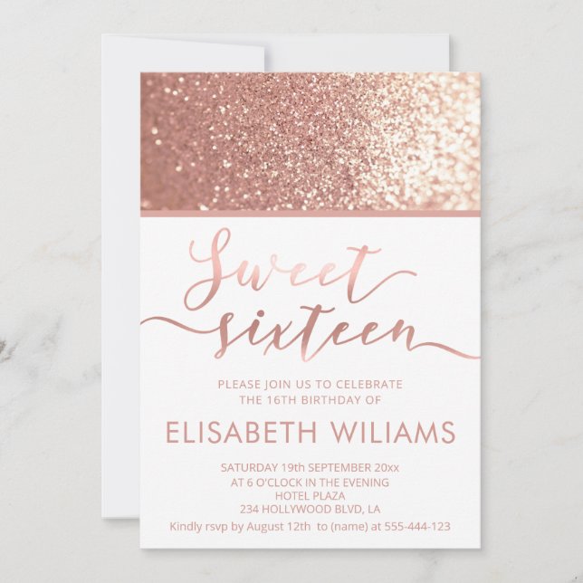 Glitzer Rose Gold minimalistische Chic Kalligraphi Einladung (Vorderseite)