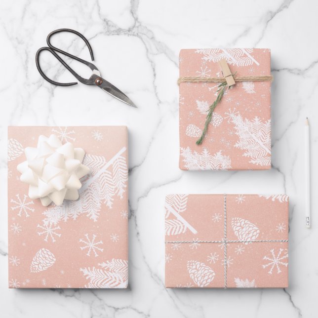 Glitzer Rose Gold mit Wintermuster Geschenkpapier Set (Vorderseite)