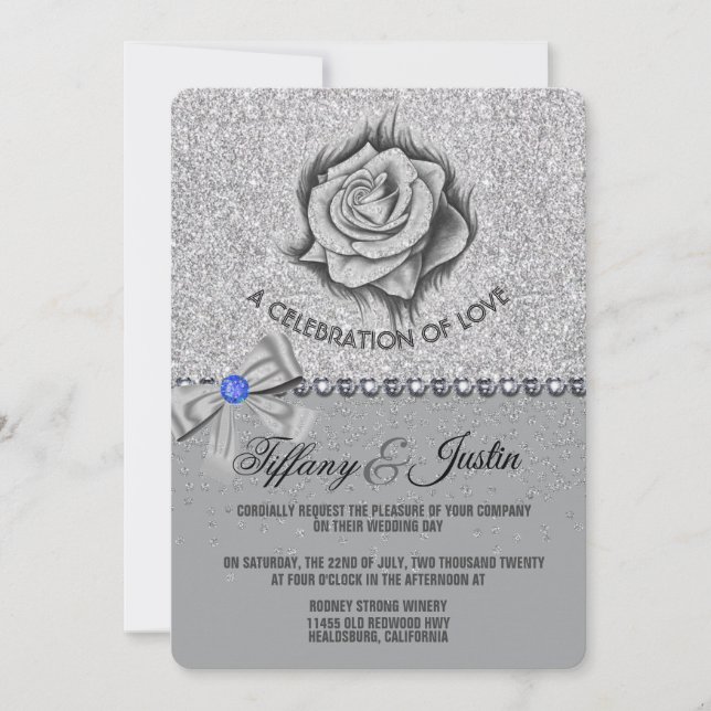 Glitzer, Rose, Karo & Bow Hochzeitseinladungen Einladung (Vorderseite)