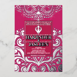Glitzer Rose Pink Silver Sikh Anand Karaj Wedding Folieneinladung