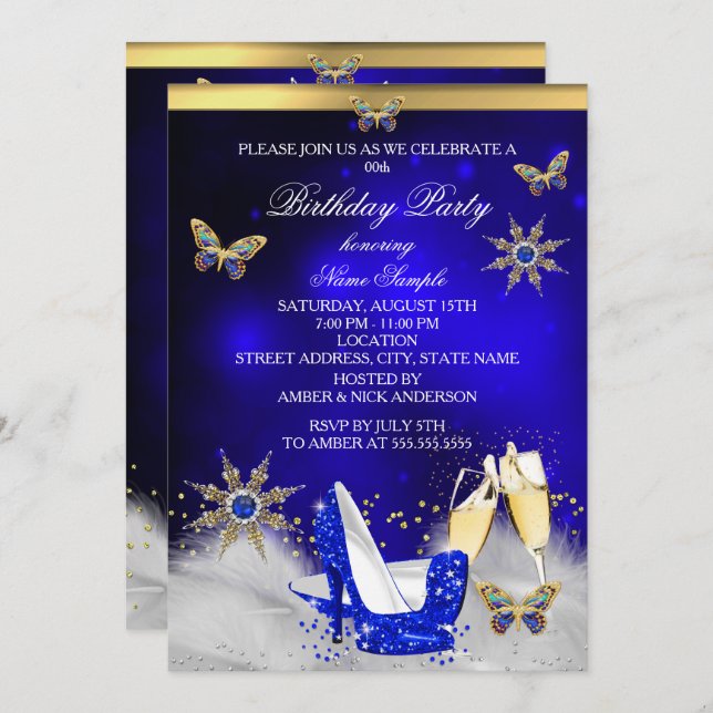 Glitzer Royal Blue Butterfly Heelse Gold Champagne Einladung (Vorne/Hinten)