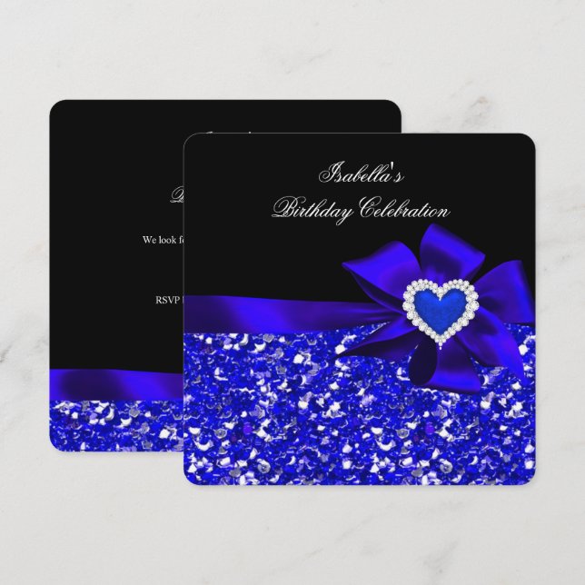 Glitzer Royal Blue Heart Bow Black Party Einladung (Vorne/Hinten)