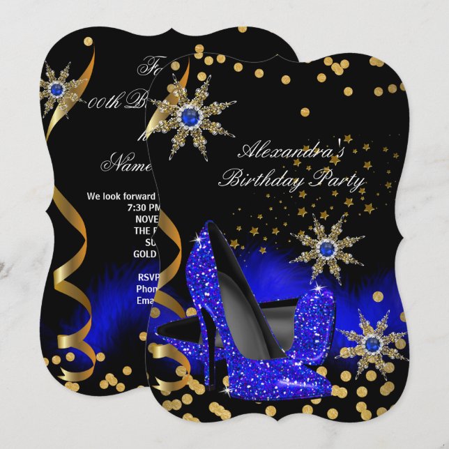 Glitzer Royal Blue High Heels Black Birthday Party Einladung (Vorne/Hinten)