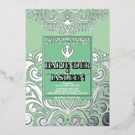Glitzer Sage SIlver Gold Sikh Anand Karaj Wedding Folieneinladung