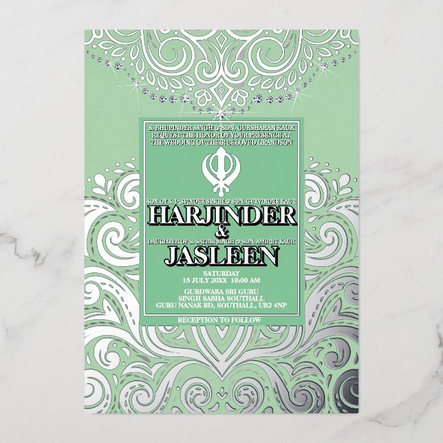 Glitzer Sage SIlver Gold Sikh Anand Karaj Wedding Folieneinladung (Vorderseite)