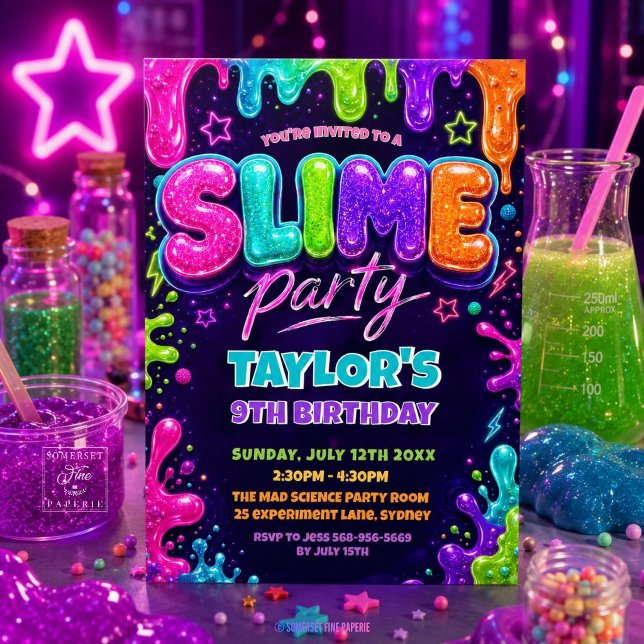 Glitzer-Schlamm-Neon-Geburtstagsfeier Einladung (Glitter Slime Neon Birthday Party Invitation)