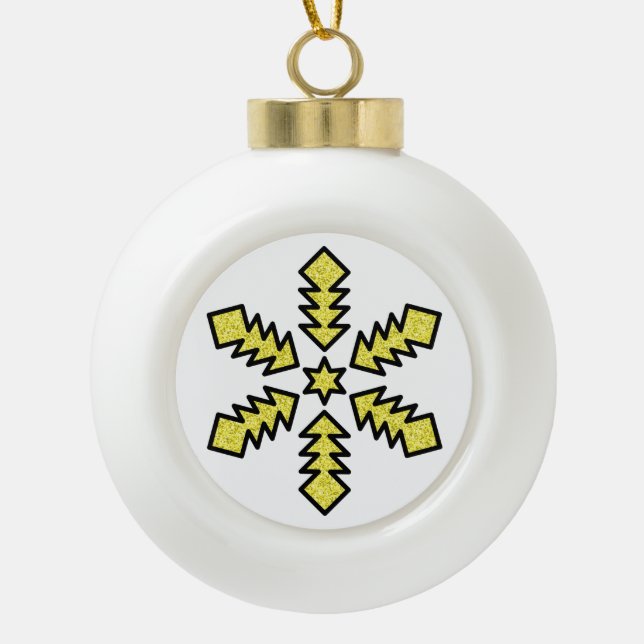Glitzer-Schneeflocke - Gelber Stern Keramik Kugel-Ornament (Vorderseite)