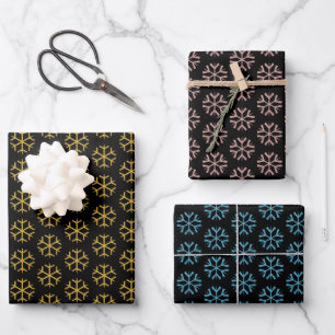 Glitzer-Schneeflocken-Muster schwarze Weihnachtsfe Geschenkpapier Set