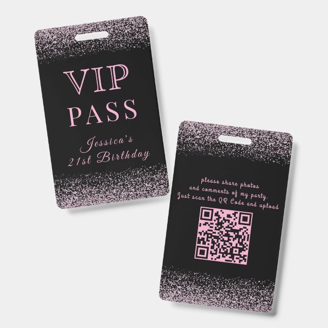 Glitzer Schwarz & Rosa VIP Geburtstagspass Ausweis (Vorder- & Rückseite)
