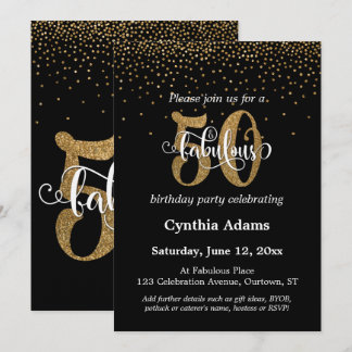 Glitzer & Script 50 & Fabulous auf Black, Birthday Einladung