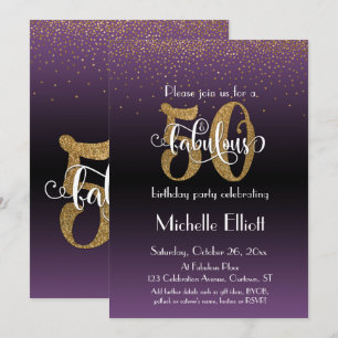 Glitzer & Script 50 & Fabulous auf Lila Ombre Einladung