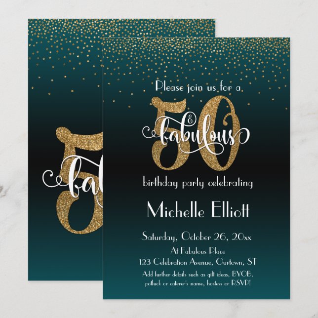Glitzer & Script 50 & Fabulous Black + Aquamarin O Einladung (Vorne/Hinten)