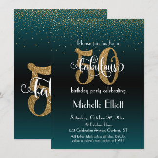 Glitzer & Script 50 & Fabulous Black + Aquamarin O Einladung