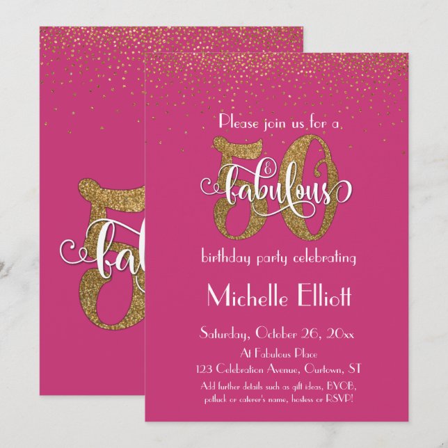 Glitzer & Script 50 & Fabulous, Hot Pink Geburtsta Einladung (Vorne/Hinten)
