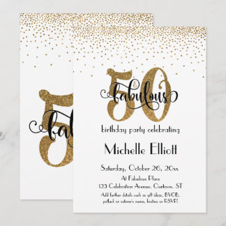 Glitzer & Script 50 & Fabulous on White, Birthday Einladung