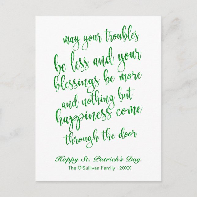 Glitzer Script Irish Blessing St. Patrick's Day Postkarte (Vorderseite)