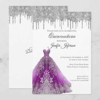 Glitzer Silber Tropfen Quinceanera Einladung