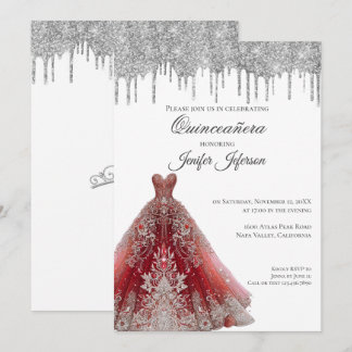 Glitzer Silber Tropfen Quinceanera Einladung