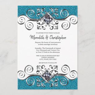Glitzer Silver Bling Aquamarin Blue Wedding Einlad Einladung