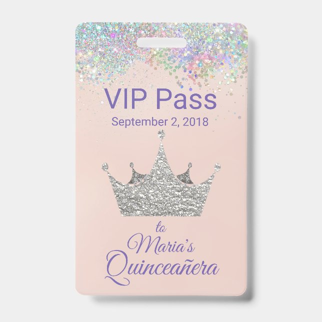Glitzer Silver Crown Quinceñera VIP Ausweis (Vorderseite)