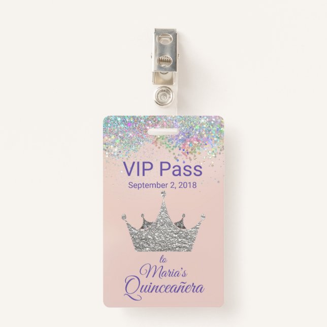 Glitzer Silver Crown Quinceñera VIP Ausweis (Vorderseite mit Klammer)