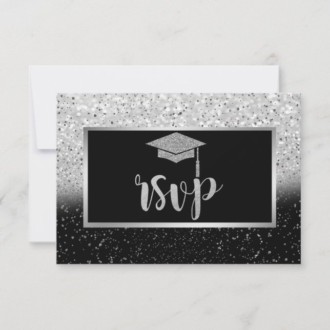 Glitzer Silver Grad Cap, Confetti Graduation Party RSVP Karte (Vorderseite)