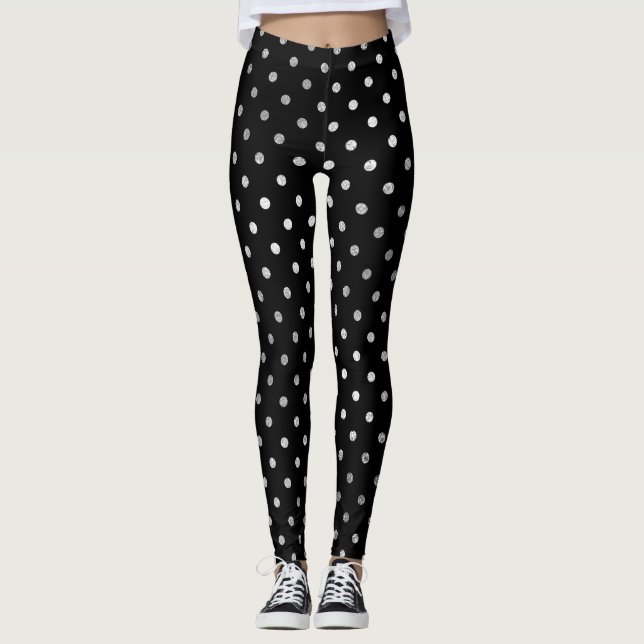 Glitzer Silver Polka Dots Black Delicate Funkelnd Leggings (Vorderseite)