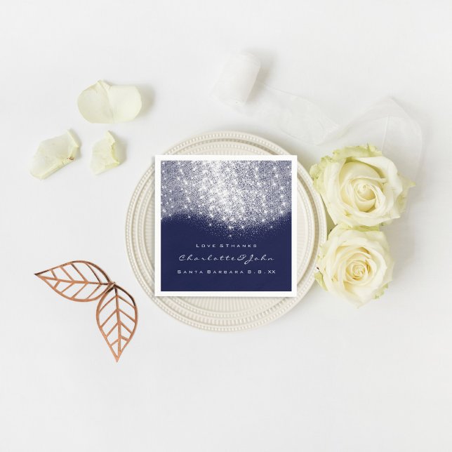Glitzer Silver White Blue Navy Weiß Vielen Dank Serviette (Glitter Silver WhiteBlue Navy White Thank You Name Paper Napkins)