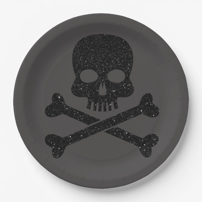 Glitzer Skull'n'Crossbones Halloween Pappteller (Vorderseite)