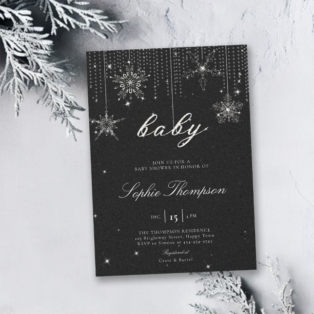 Glitzer Snowflakes BW Neutrale Babydusche Einladung (gender neutral winter bridal shower invitation black white christmas elegant rhinestones bling class)
