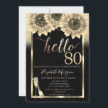 Glitzer, Sonnenblumen, Glass Black 80. Geburtstags Einladung<br><div class="desc">Gold Glitzer,  Champagnerglas,  Tiara und Sonnenblumen auf schwarzem Hintergrund.</div>