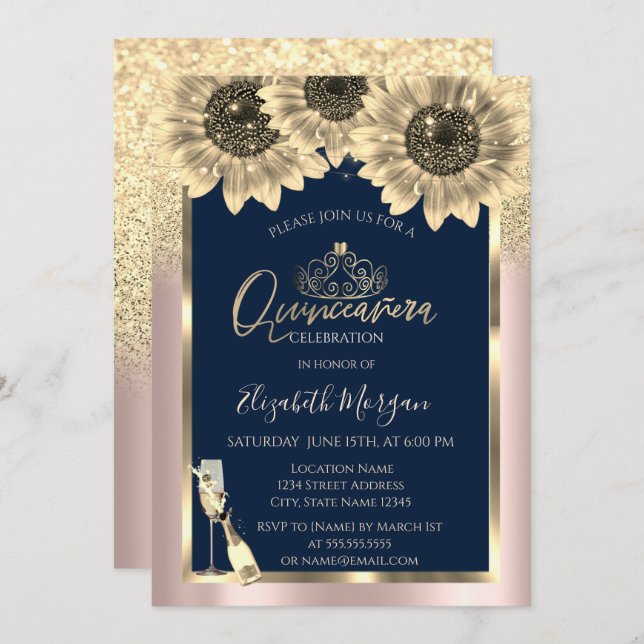 Glitzer, Sonnenblumen, Tiara Rose Gold Quinceanera Einladung (Vorne/Hinten)