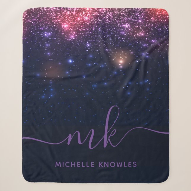 Glitzer Space Galaxy Modernes Script Monogram Sherpadecke (Vorderseite)
