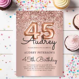 Glitzer Sparkle Rose Gold Ballon 45. Geburtstag Einladung