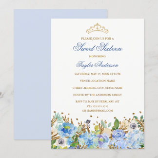 Glitzer Sparkling Blue Floral 16 . Geburtstag Einl Einladung