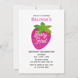 Glitzer Sparkling Y2K Rosa Erdbeere 1. Geburtstag Einladung