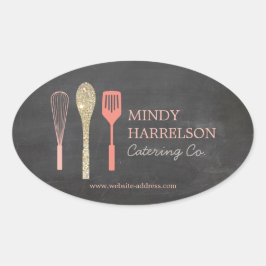 Glitzer Spoon Whisk Spatula-Logo auf der Tafel Ovaler Aufkleber