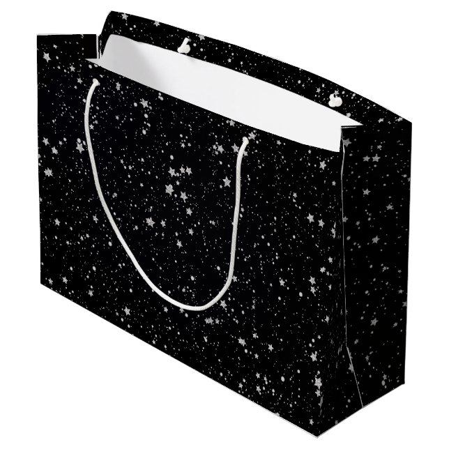 Glitzer Stars2 - Silbernes Schwarzes Große Geschenktüte (Rückseite Schrägansicht)