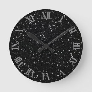Glitzer Stars2 - Silbernes Schwarzes Runde Wanduhr